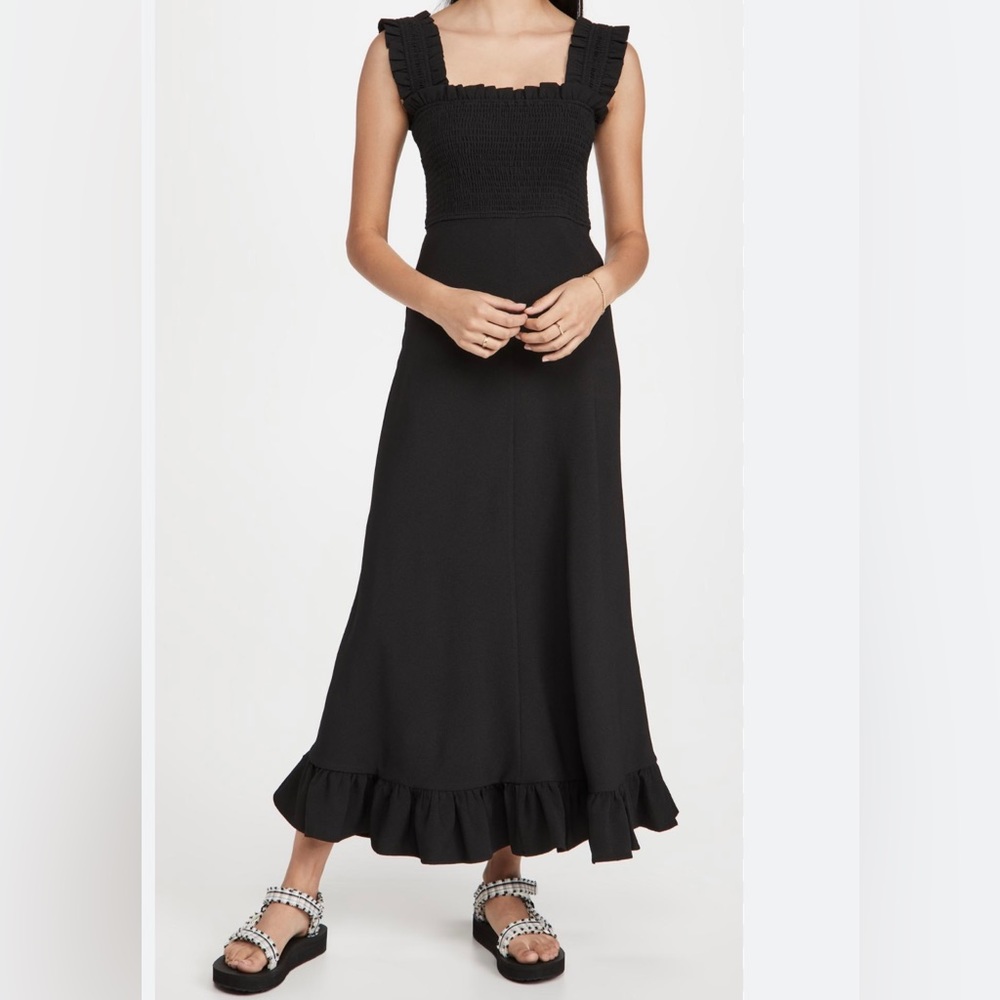 GANNI smocked A-line sleeveless midi dress with ruffle bottom.